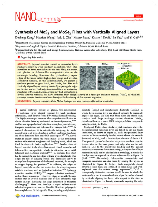 First page of “Synthesis of MoS 2 and MoSe 2 Films with Vertically Aligned Layers”