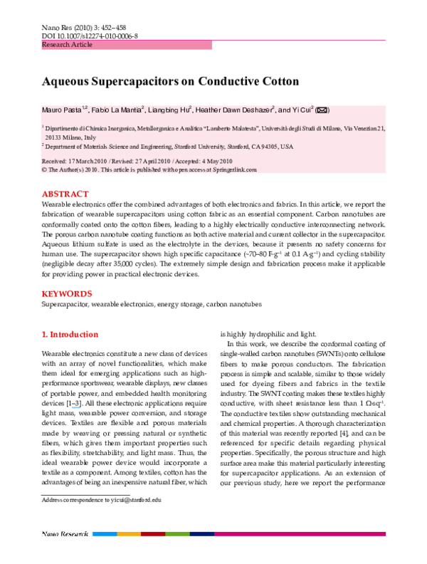 First page of “Aqueous supercapacitors on conductive cotton”