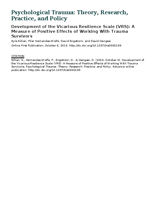 First page of “Development of the Vicarious Resilience Scale (VRS): A Measure of Positive Effects of Working With Trauma Survivors”