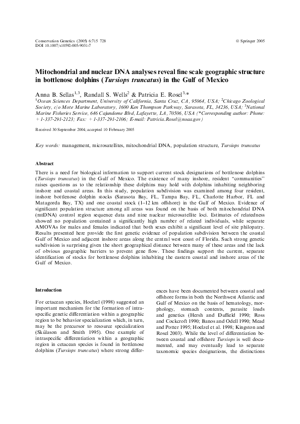 First page of “Mitochondrial and nuclear DNA analyses reveal fine scale geographic structure in bottlenose dolphins ( Tursiops truncatus ) in the Gulf of Mexico”