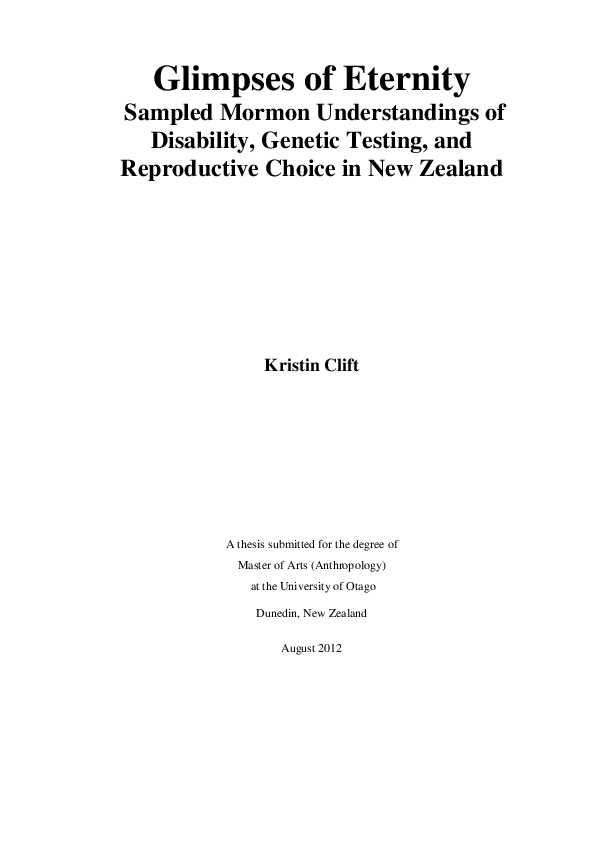 First page of “Glimpses of Eternity: Sampled Mormon Understandings of Disability, Genetic Testing, and Reproductive Choice in New Zealand”