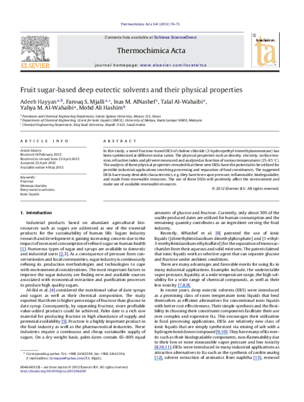 First page of “Fruit sugar-based deep eutectic solvents and their physical properties”