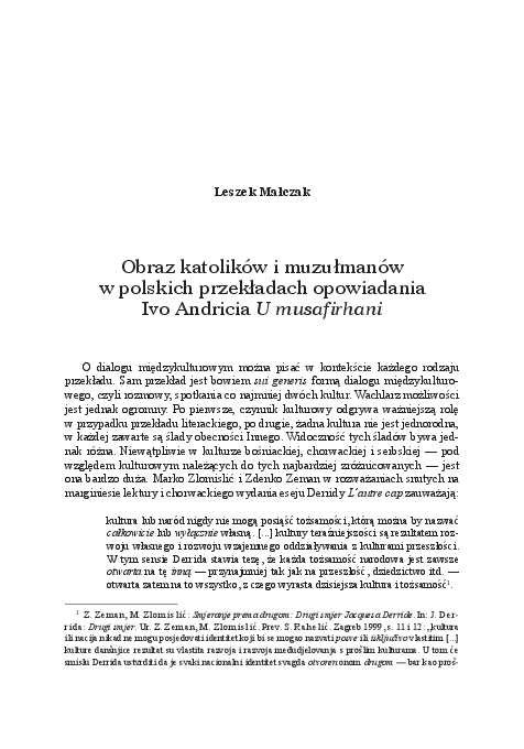 First page of “TSL Issue: 2.1/2011; Obraz katolików i muzułmanów  w polskich przekładach opowiadania  Ivo Andricia U musafirhani / The picture of Bosnian Catholics and Muslims  in the Polish translations  of Andrić’s short story U musafirhani”