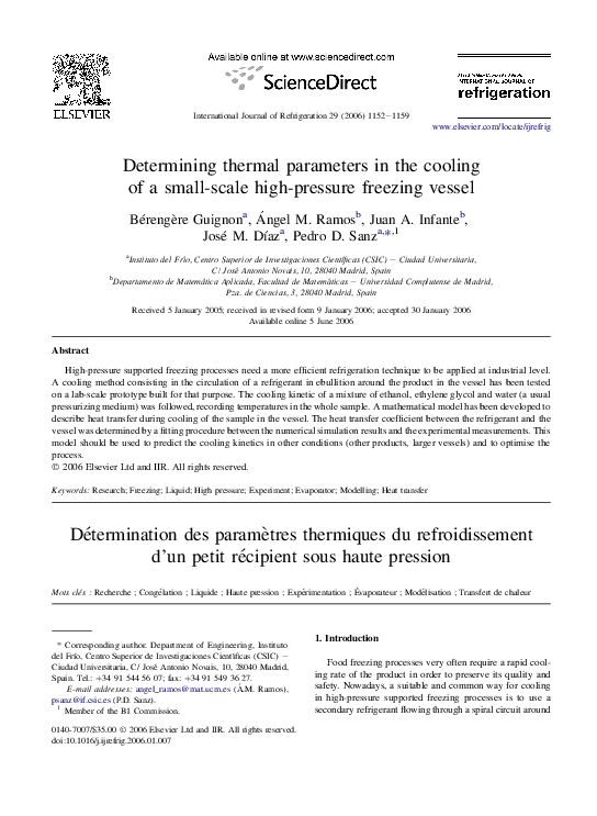 First page of “Determining thermal parameters in the cooling of a small-scale high-pressure freezing vessel”