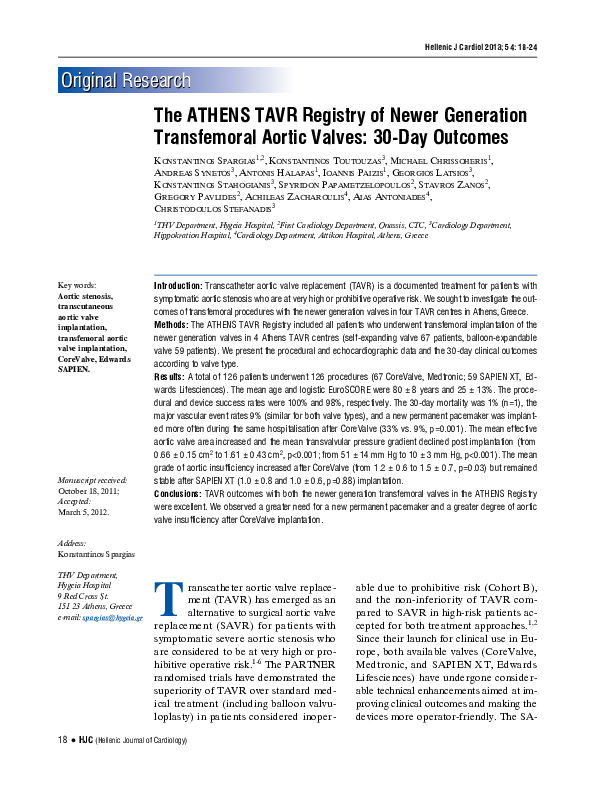 First page of “The Athens TAVR Registry of newer generation transfemoral aortic valves: 30-day outcomes”