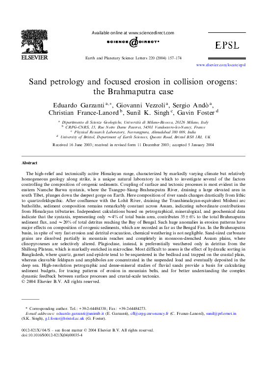 First page of “Sand petrology and focused erosion in collision orogens: the Brahmaputra case”