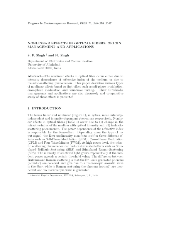 First page of “NONLINEAR EFFECTS IN OPTICAL FIBERS: ORIGIN, MANAGEMENT AND APPLICATIONS”