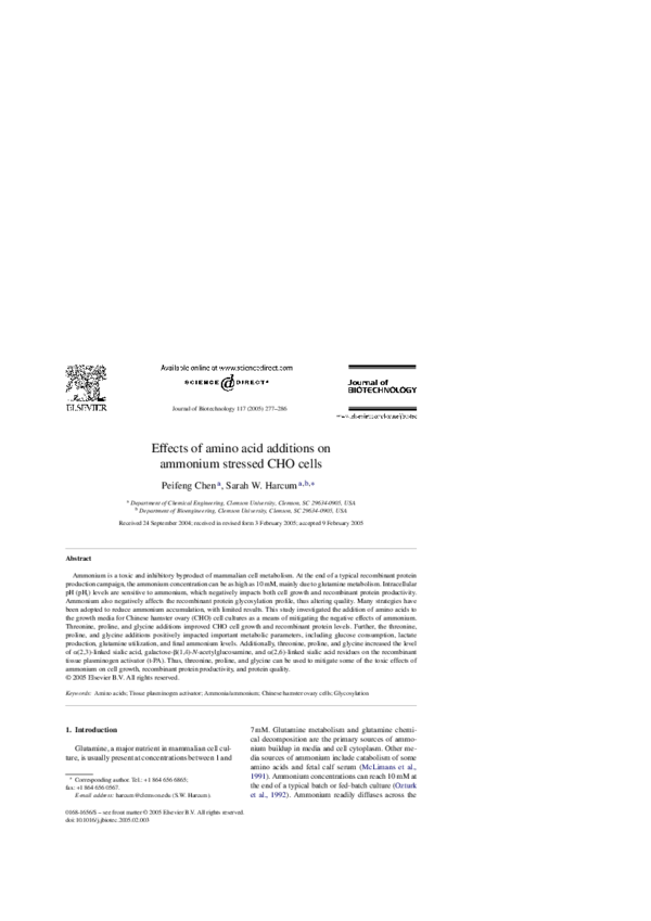 First page of “Effects of amino acid additions on ammonium stressed CHO cells”