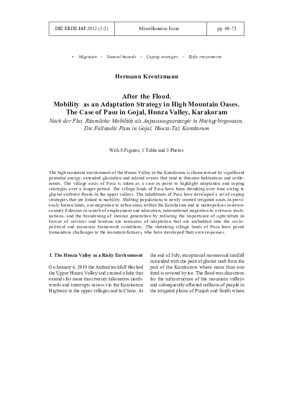 First page of “After the Flood. Mobility as an Adaptation Strategy in High Mountain Oases. The Case of Pasu in Gojal, Hunza Valley, Karakoram”