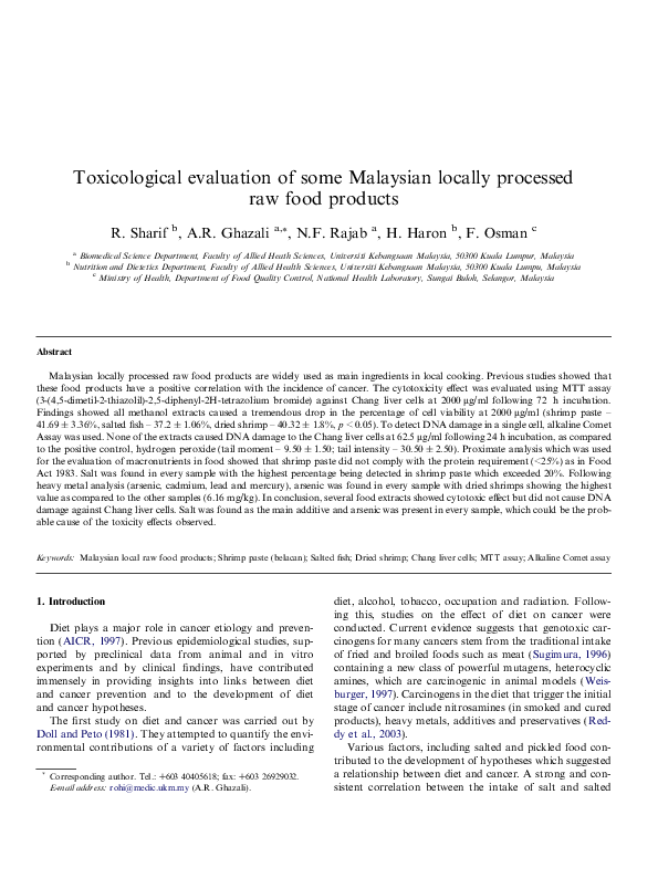 First page of “Toxicological evaluation of some Malaysian locally processed raw food products”