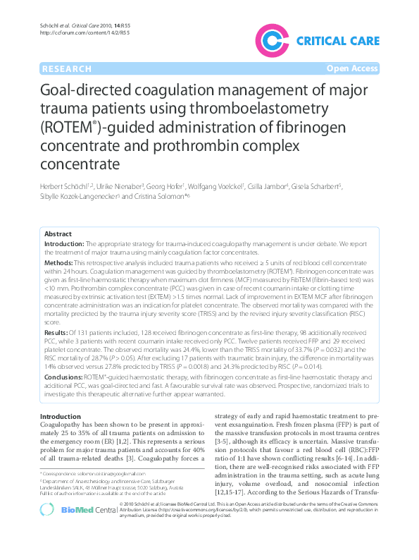 First page of “Goal-directed coagulation management of major trauma patients using thromboelastometry (ROTEM®)-guided administration of fibrinogen concentrate and prothrombin complex concentrate”