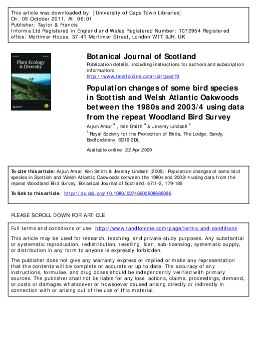 First page of “Population changes of some bird species in Scottish and Welsh Atlantic Oakwoods between the 1980s and 2003/4 using data from the repeat Woodland Bird Survey”