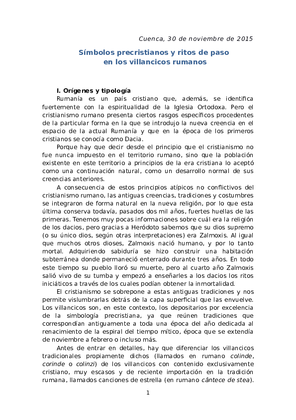 First page of “Símbolos precristianos y ritos de paso en los villancicos rumanos”