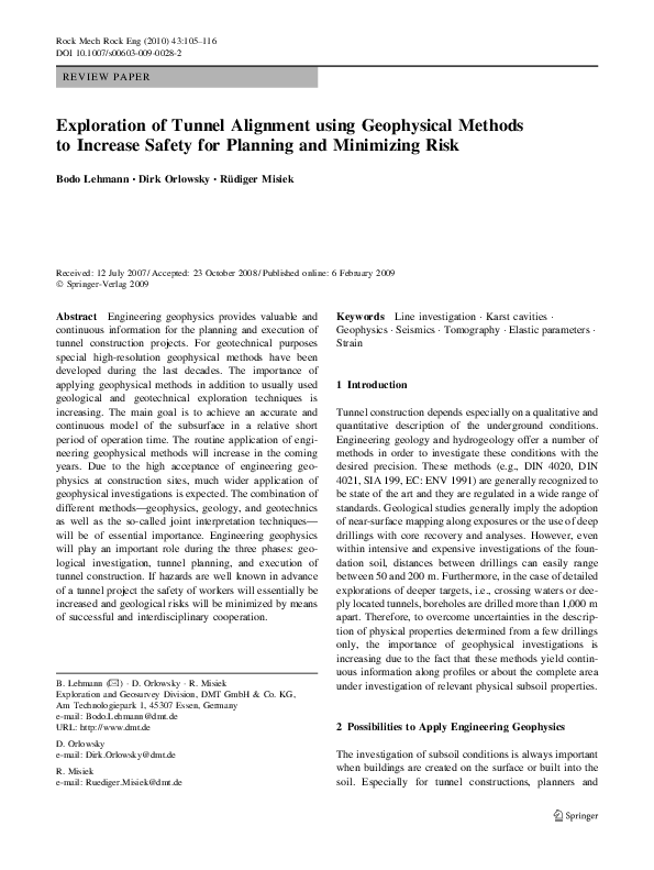 First page of “Exploration of Tunnel Alignment using Geophysical Methods to Increase Safety for Planning and Minimizing Risk”