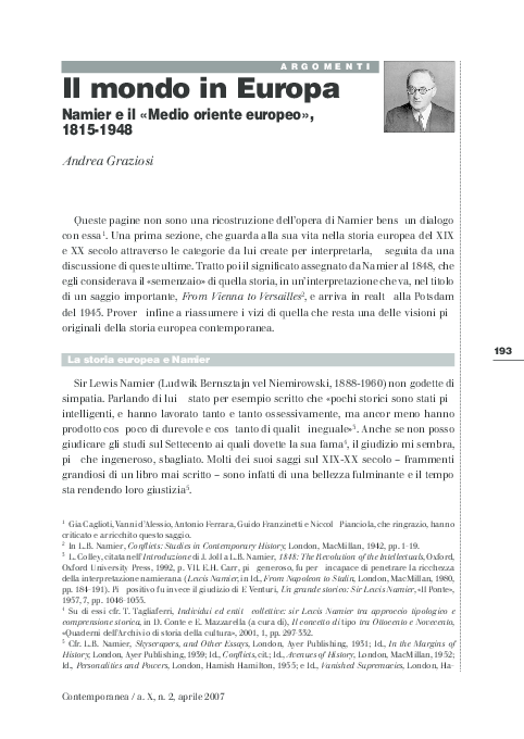 First page of “Il Mondo in Europa. Namier e il "Medio oriente europeo", 1815-1948”