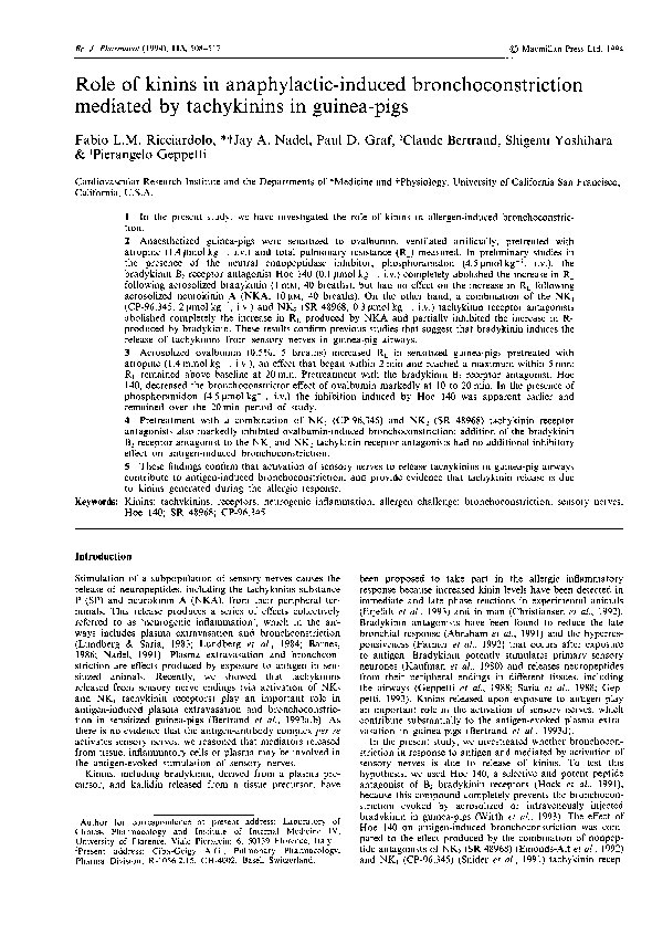 First page of “Role of kinins in anaphylactic-induced bronchoconstriction mediated by tachykinins in guinea-pigs”