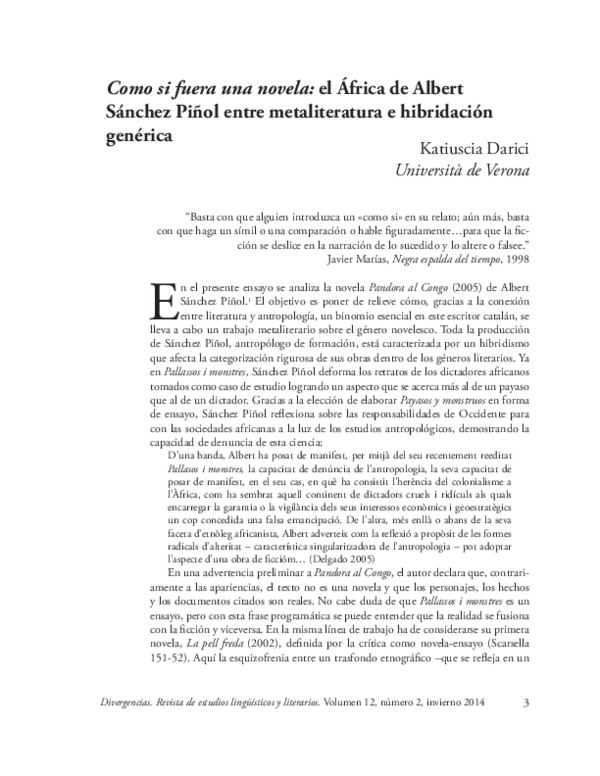 First page of “[2014]  Como si fuera una novela.  El África de Albert Sánchez Piñol entre metaliteratura e hibridación genérica [journal article]”