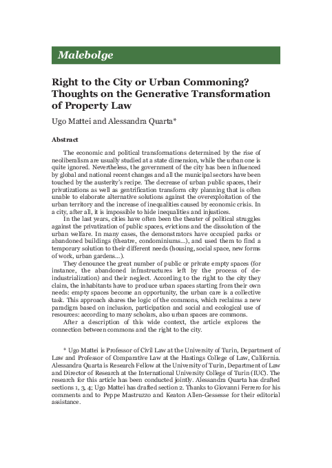 First page of “Ugo Mattei and Alessandra Quarta - Right to the City or Urban Commoning? Thoughts on the Generative Transformation of Property Law”