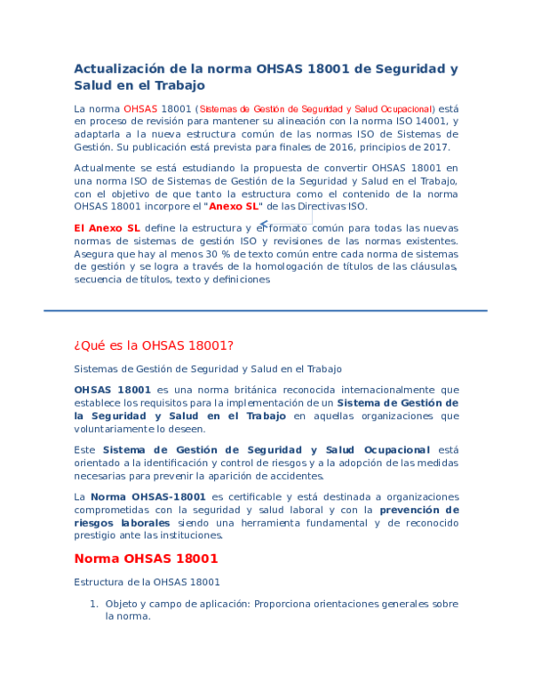 First page of “Actualizacion de la norma OHSAS 18001 de Seguridad y Salud en el Trabajo”