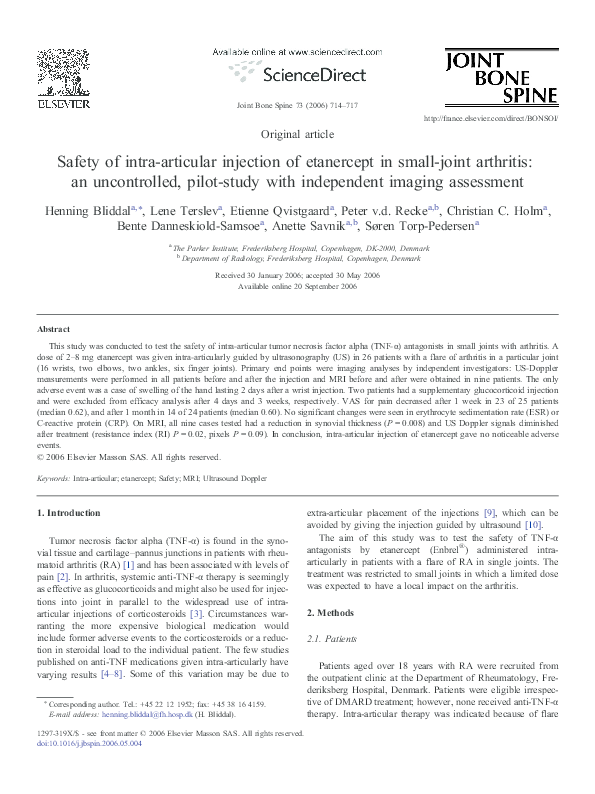 First page of “Safety of intra-articular injection of etanercept in small-joint arthritis: an uncontrolled, pilot-study with independent imaging assessment”