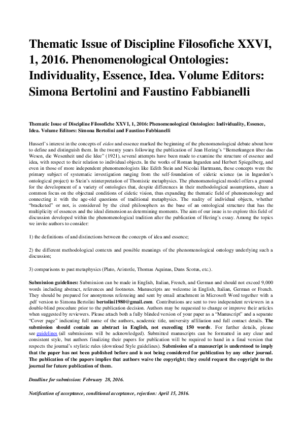 First page of “Call for Papers: Thematic Issue of Discipline Filosofiche XXVI, 1, 2016: Phenomenological Ontologies: Individuality, Essence, Idea. Volume Editors: Simona Bertolini and Faustino Fabbianelli”