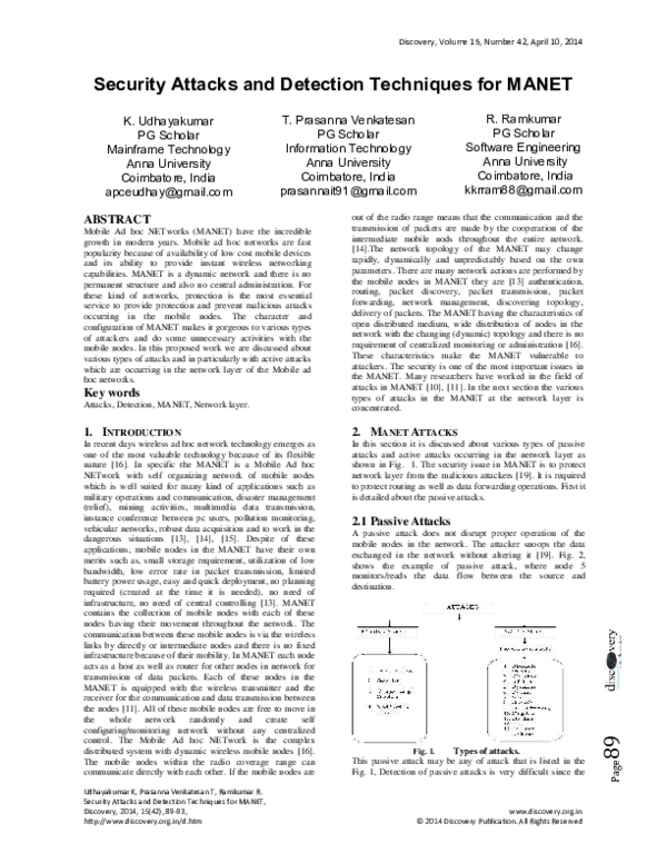 First page of “Security Attacks and Detection Techniques for MANET”