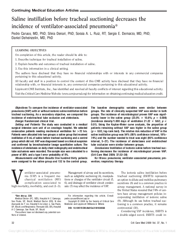 First page of “Saline instillation before tracheal suctioning decreases the incidence of ventilator-associated pneumonia*”