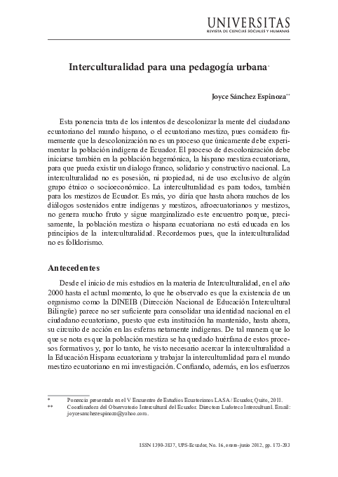 First page of “Interculturalidad para una Pedagogia Urbana”