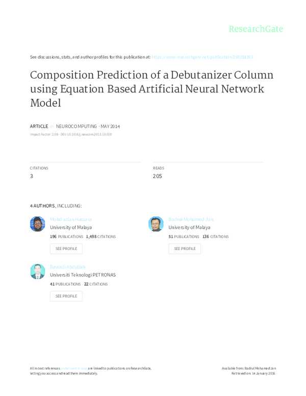 First page of “Composition Prediction of a Debutanizer Column using Equation Based Artificial Neural Network Model”