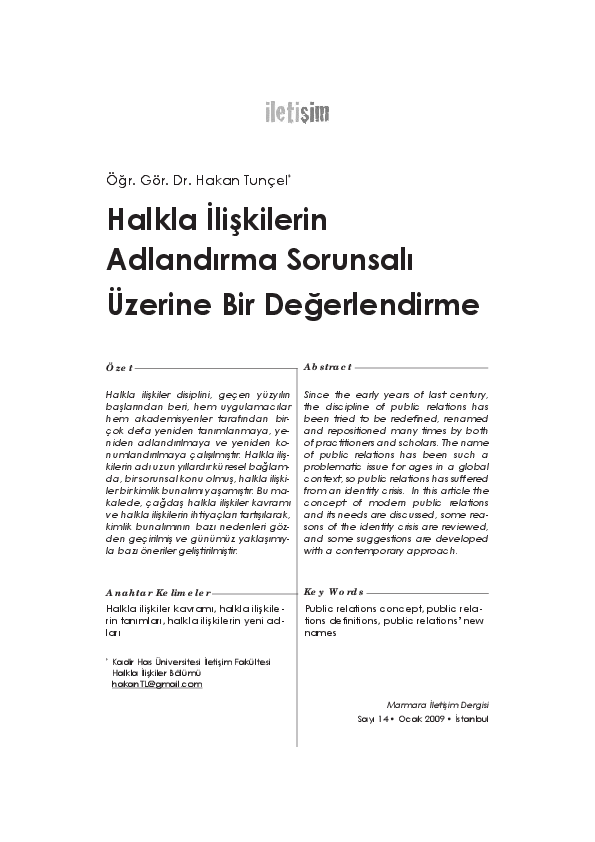 First page of “Halkla İlişkilerin Adlandırma Sorunsalı Üzerine Bir Değerlendirme/HAKAN TUNÇEL”