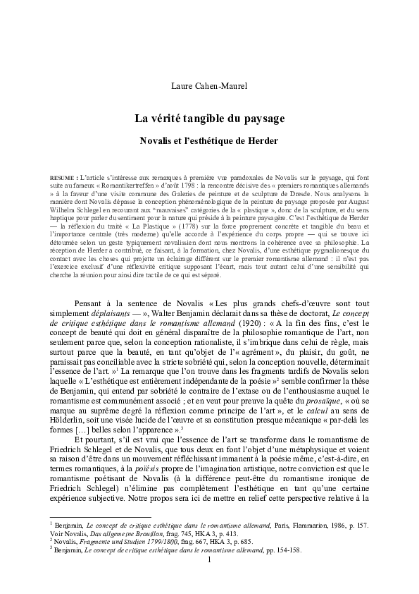 First page of “La vérité tangible du paysage : Novalis et l'esthétique de Herder”