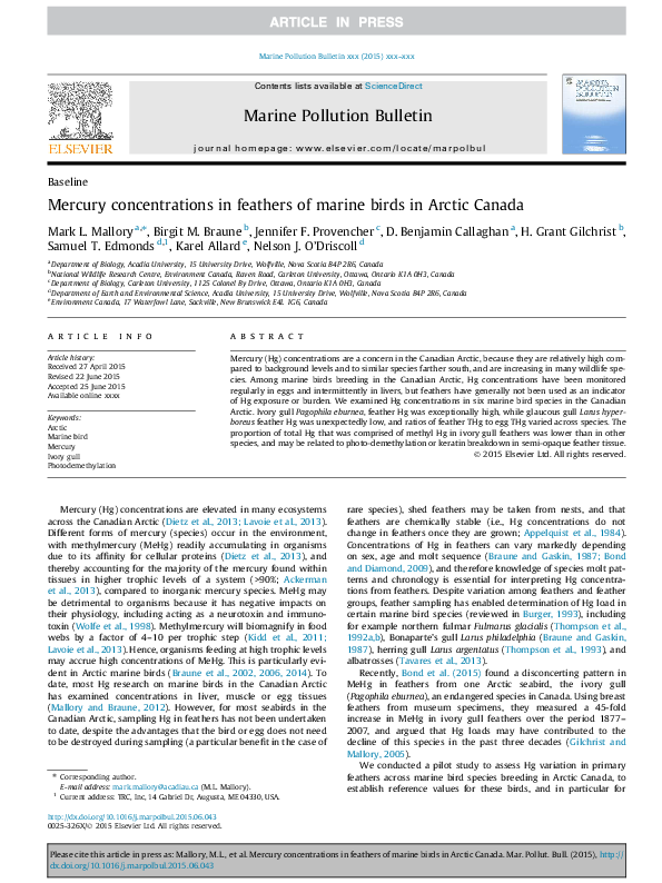 First page of “Mercury concentrations in feathers of marine birds in Arctic Canada”