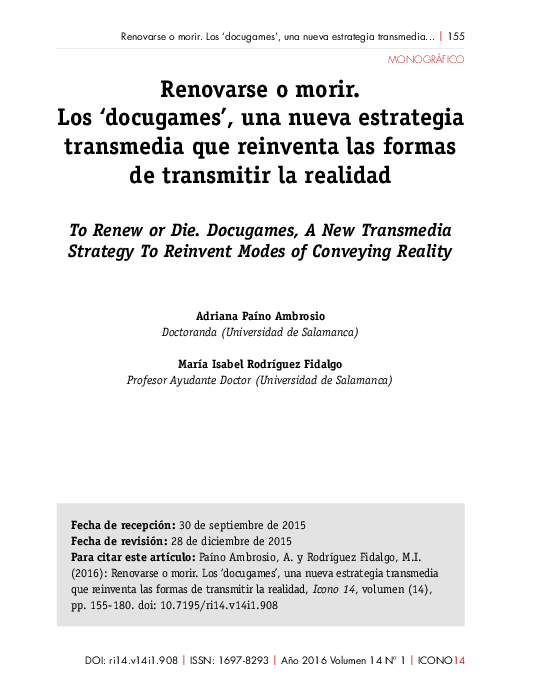 First page of “Renovarse o morir. Los ‘docugames’, una nueva estrategia transmedia que reinventa las formas de transmitir la realidad”