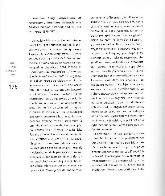 First page of “Jonathan Crary : Suspensions of Perception : Attention, Spectacle and Modern Culture (1999) – 1895. Revue d’Histoire du cinéma, n°52, sept. 2007, pp. 176-181”