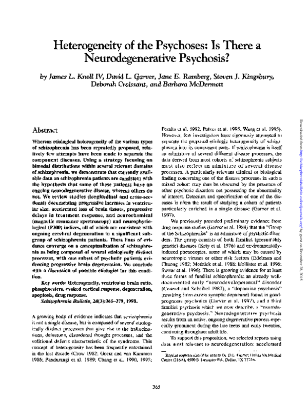 First page of “Heterogeneity of the Psychoses: Is There a Neurodegenerative Psychosis?”