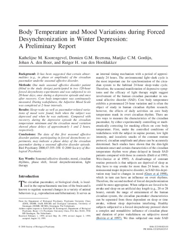 First page of “Body temperature and mood variations during forced desynchronization in winter depression: a preliminary report”