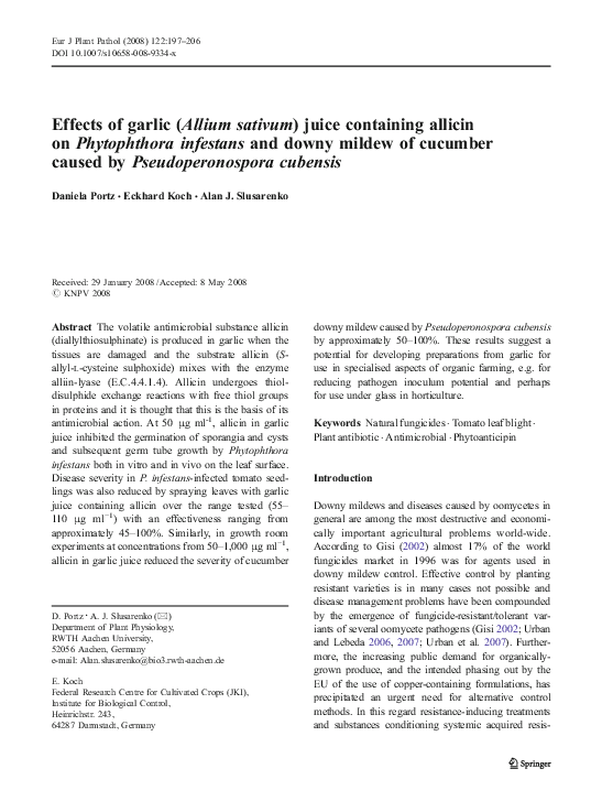 First page of “Effects of garlic (Allium sativum) juice containing allicin on Phytophthora infestans and downy mildew of cucumber caused by Pseudoperonospora cubensis”