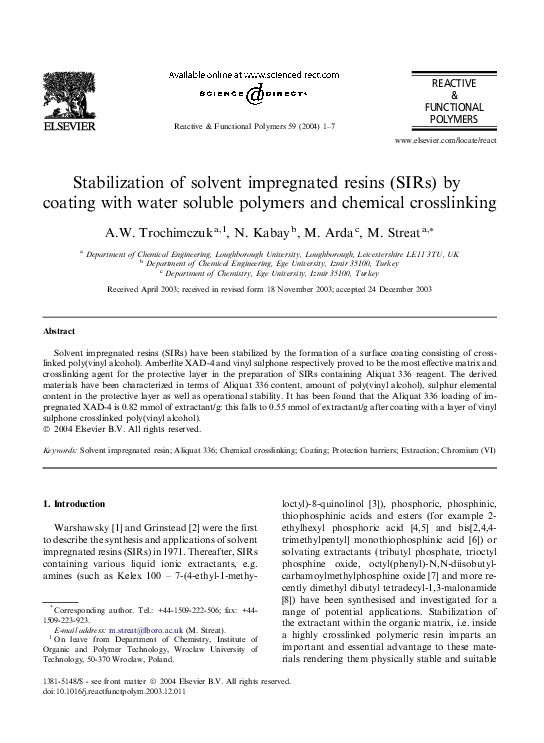 First page of “Stabilization of solvent impregnated resins (SIRs) by coating with water soluble polymers and chemical crosslinking”