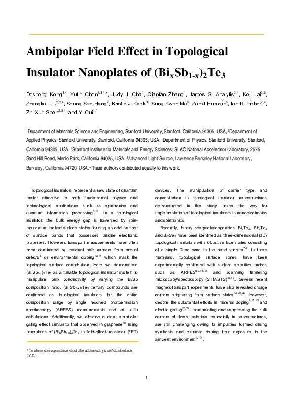 First page of “Ambipolar field effect in the ternary topological insulator (BixSb1–x)2Te3 by composition tuning”