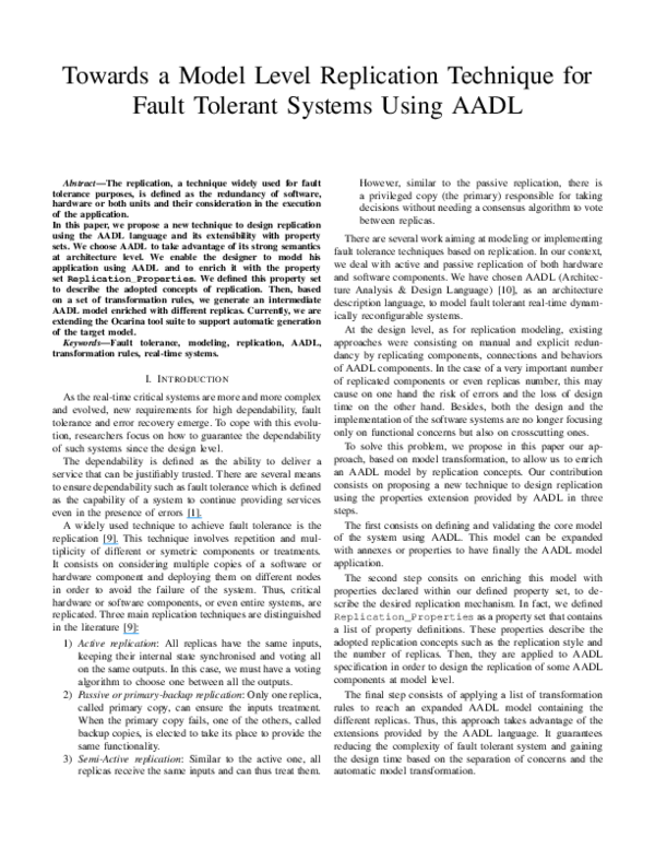 First page of “Towards a Model Level Replication Technique for Fault Tolerant Systems Using AADL”