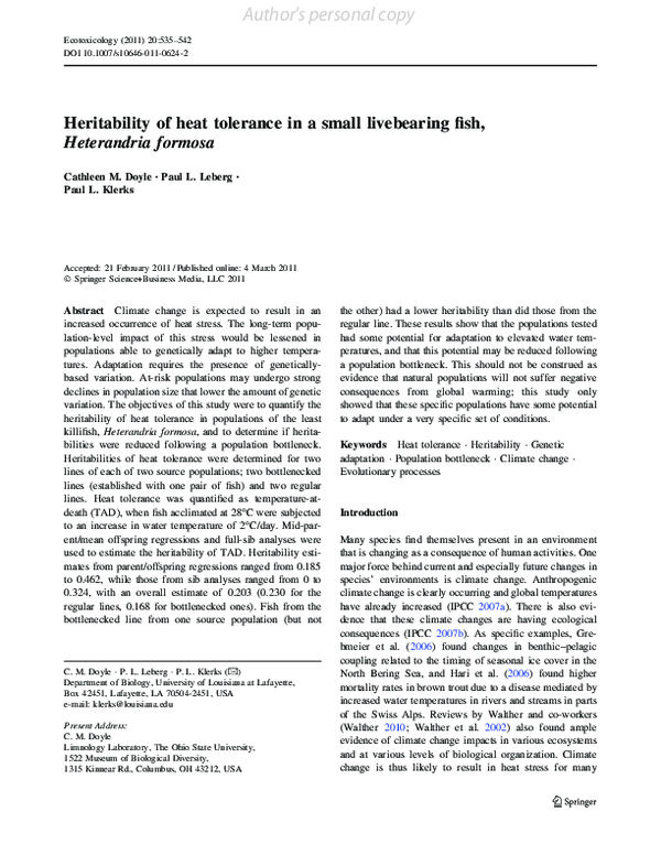 First page of “Heritability of heat tolerance in a small livebearing fish, Heterandria formosa”