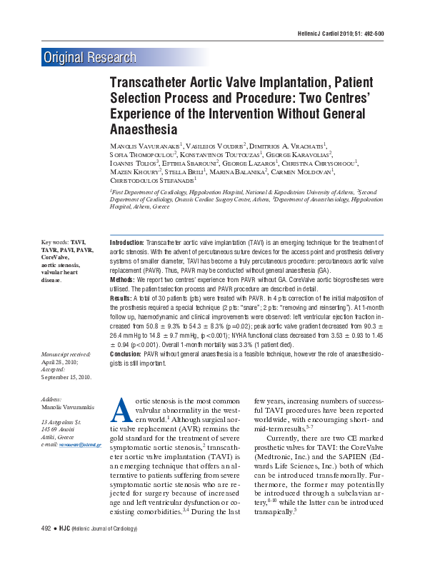 First page of “Transcatheter aortic valve implantation, patient selection process and procedure: two centres' experience of the intervention without general anaesthesia”