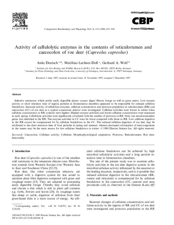 First page of “Activity of cellulolytic enzymes in the contents of reticulorumen and caecocolon of roe deer (Capreolus capreolus)”