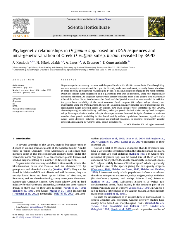 First page of “Phylogenetic relationships in Origanum spp. based on rDNA sequences and intra-genetic variation of Greek O. vulgare subsp. hirtum revealed by RAPD”