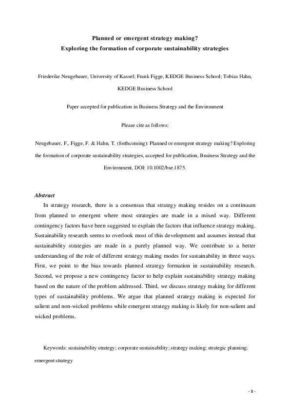 First page of “Planned or Emergent Strategy Making? Exploring the Formation of Corporate Sustainability Strategies”