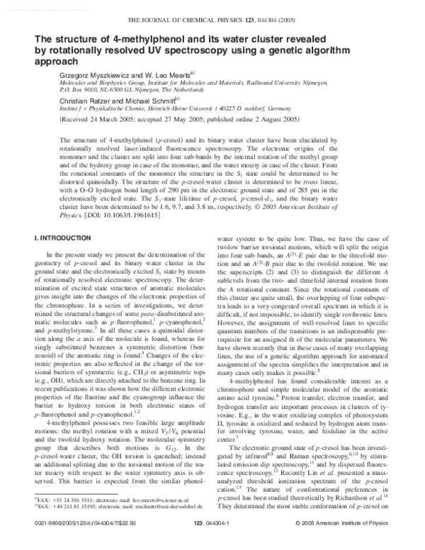 First page of “The structure of 4-methylphenol and its water cluster revealed by rotationally resolved UV spectroscopy using a genetic algorithm approach”