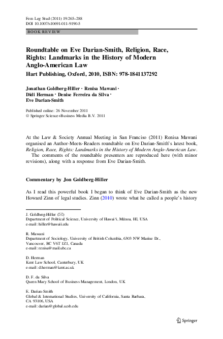 First page of “Roundtable on Eve Darian-Smith, Religion, Race, Rights: Landmarks in the History of Modern Anglo-American Law”