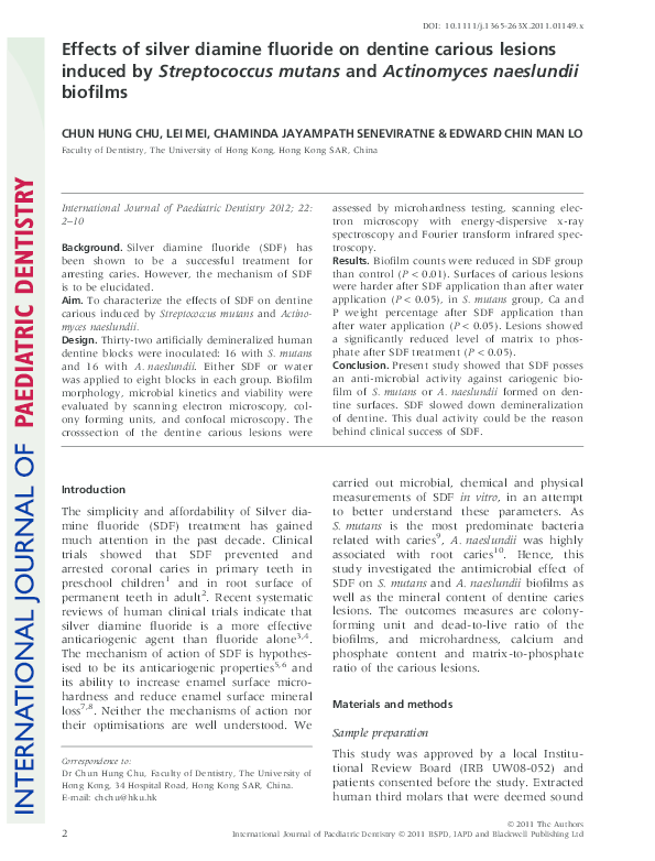 First page of “Effects of silver diamine fluoride on dentine carious lesions induced by Streptococcus mutans and Actinomyces naeslundii biofilms”