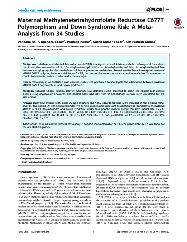 First page of “Maternal Methylenetetrahydrofolate Reductase C677T Polymorphism and Down Syndrome Risk: A Meta-Analysis from 34 Studies”