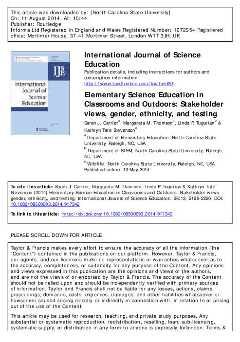 First page of “International Journal of Science Education Elementary Science Education in Classrooms and Outdoors: Stakeholder views, gender, ethnicity, and testing”